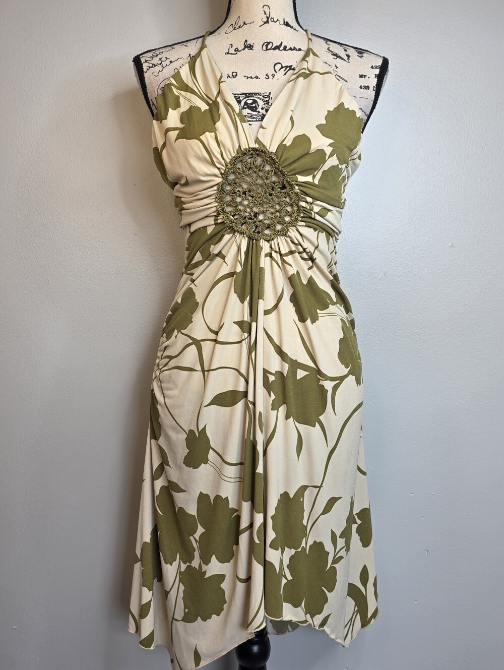y2k fairy Green and cream floral halter dress with beaded embellishment Sz S